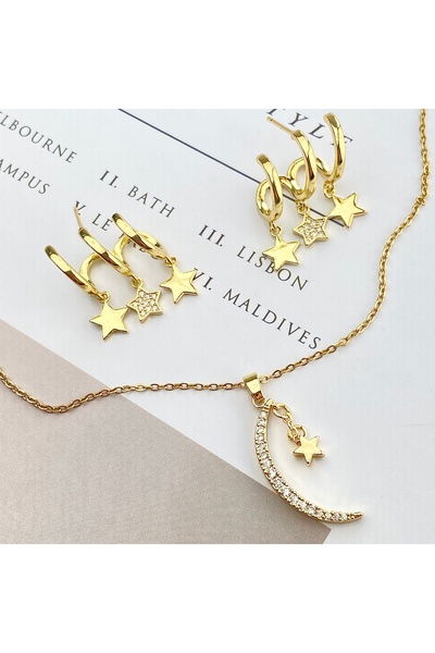 Kyver Ay Yıldızlı Çelik Kolye Küpe Seti Zirkon Taşlı Kadın Kolye Küpe Set Gold 45cm
