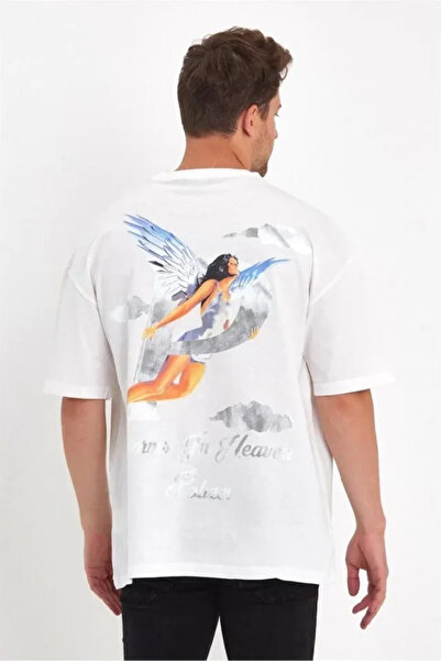 Gökyüzü Moda Men's Angel Printed Oversize T-shirt - White