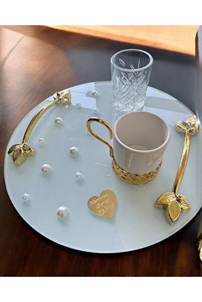 Cyz Home Beloved Gold White Pearl Promise Tray Engagement Tray and Groom Coffee Cup Tray Set
