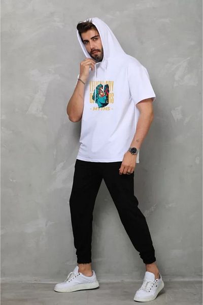 JANES Μπλουζάκι Unisex με κουκούλα, αμάνικο, υπερμεγέθη εμπριμέ - Λευκό