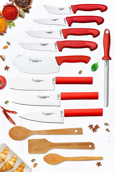 LAZBİSA Silver Series Kitchen Knife Set Chef Knife Masat and Montesev Wooden Wooden Spoon Set (12 Pieces)