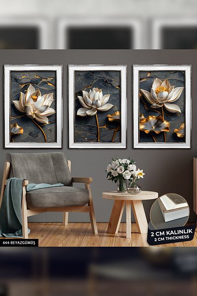 Evinemoda Fundal cu flori 3D - Pictură înrămată în 3 bucăți CVPLK