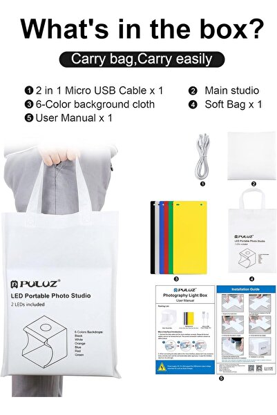 Tianya Puluz PU5022 2 Ledli 6 Fonlu Taşıma Çantalı 24cm Ürün Çekim Çadırı Kutusu Light Box