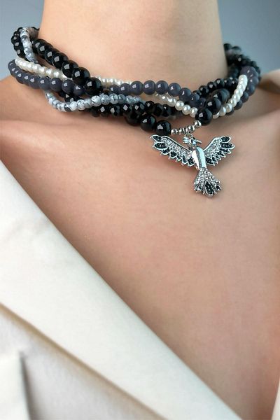 Sose Moda Phoenix Spiral Pearl & Bead Necklace - Black