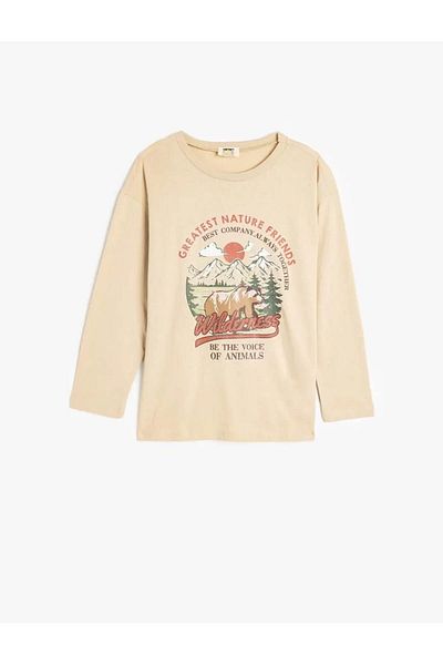 Koton Cotton Oversize T-Shirt - Long Sleeve, Crew Neck, Print Detail