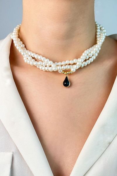 Sose Moda Drop End Coiled Pearl Necklace - Black