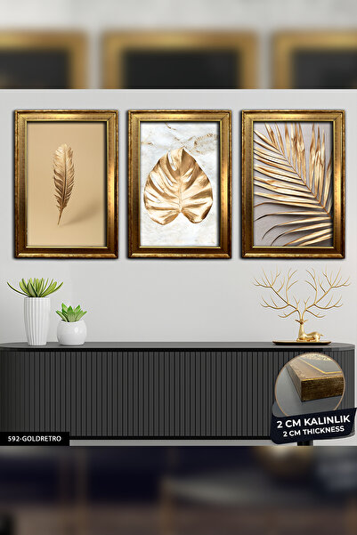 Evinemoda Frunze de aur - Pictură înrămată în 3 piese CVPLK