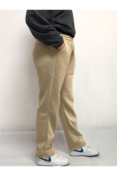 JustBS Kadın 3 İplik Düz Paça Bej Eşofman Altı