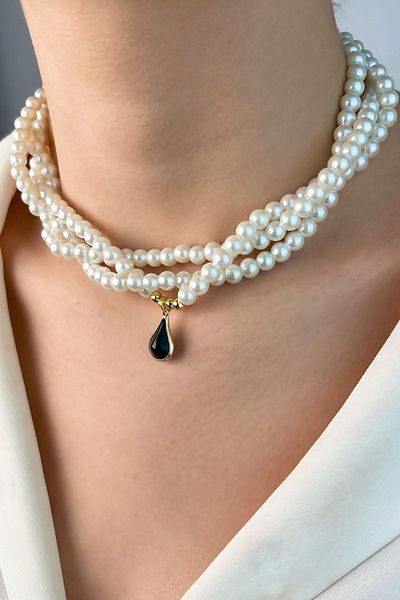 Sose Moda Drop End Coiled Pearl Necklace - Black