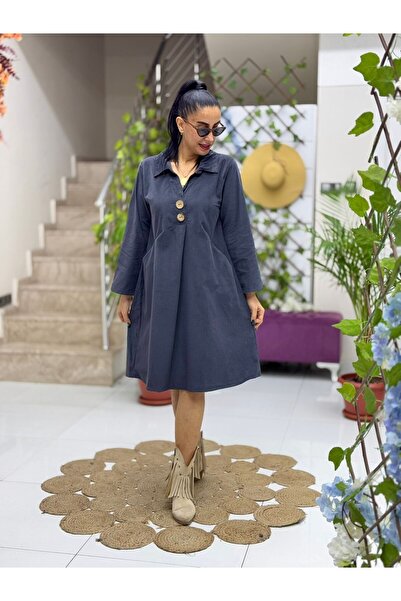 Punta Otantik AY238167 Erkek Yaka Düğmeli Kadife Elbise Füme