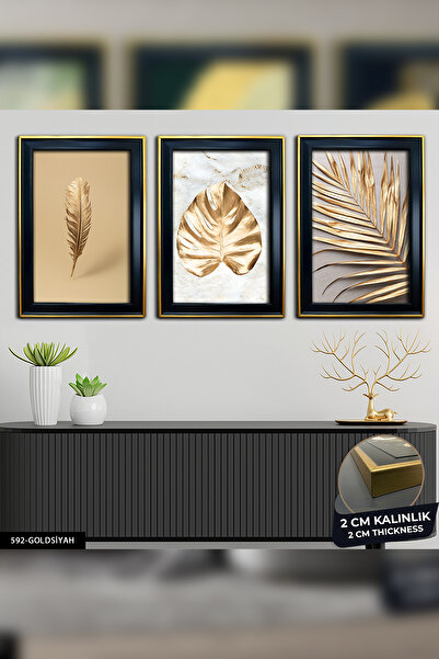 Evinemoda Yapraklar Gold 3 Parça Çerçeveli Tablo CVPLK