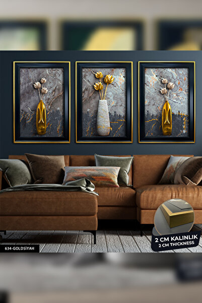 Evinemoda Vazoda Çiçekler Soyut Arkaplan 3 Parça Çerçeveli Tablo CVPLK