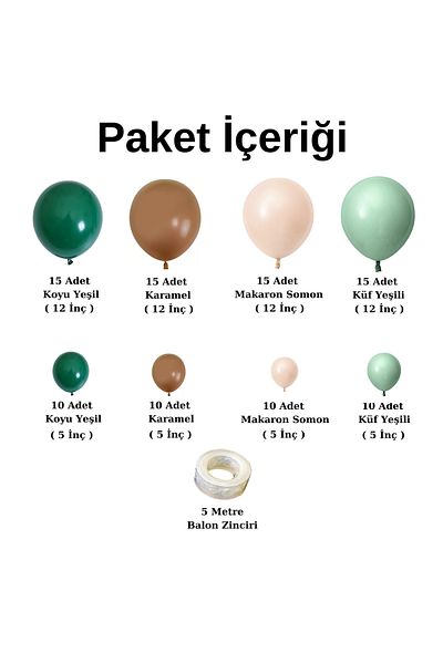 Ata Parti Dünyası for Birthday *MakoronSalmon*Caramel*Mildew Green* Dark Green* 100-Piece Balloon Chain Party Set