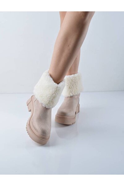 Şanslı Ayakkabıcılık Krem Lüks Süet Kürklü Hazır  Taban Bot