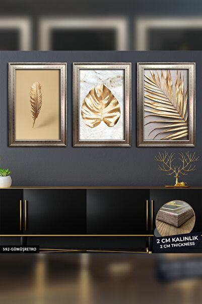 Evinemoda Gold Leaves - 3 Pcs Framed Painting Cvplk