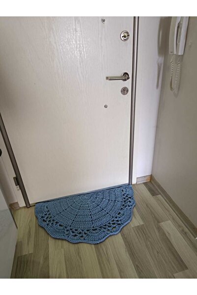 Yoran Büfe Hediyelik Buz Mavisi (90X45) %100 El Örgüsü Balkon/ Kapı Önü Yarım Ay Paspas
