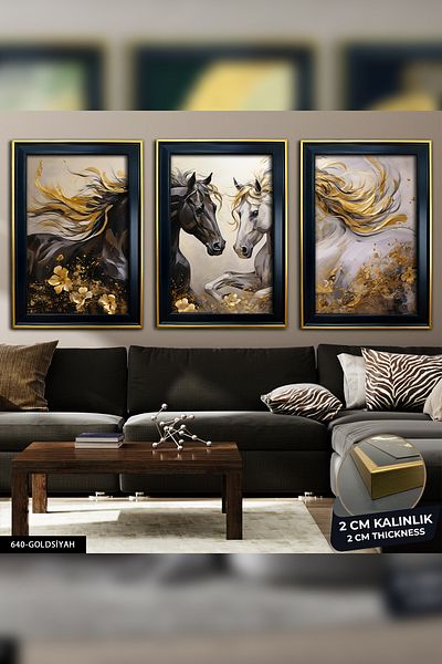 Evinemoda Pictură înrămată în 3 bucăți cu tematică Noble Double Horse Love CVPLK