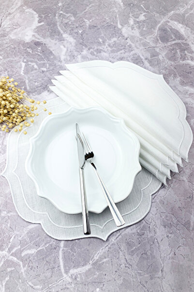 WEARE2 Beyaz Renkli Çift Sargı Nakışlı 6'lı Amerikan Servis