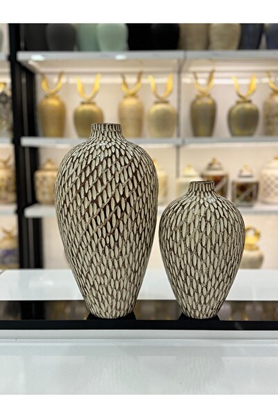 Genel Markalar Turaç El Yapımı 2'li Dokulu Dekoratif Seramik Vazo (30x17 - 22...