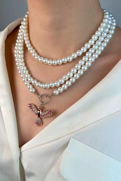 Sose Moda Burgundy Phoenix Triple Pearl Necklace - White