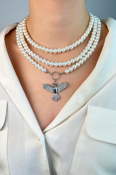 Sose Moda Silver Phoenix Triple Pearl Necklace - White