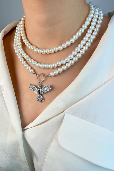 Sose Moda Silver Phoenix Triple Pearl Necklace - White