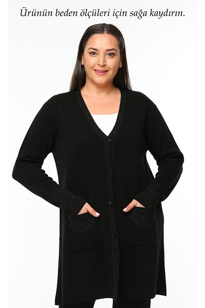 Laden Plus Size Women's Silvery Long Mother Medium Thick Custom Knitwear Soft Black Cardigan