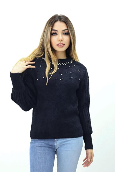 Piedra Women's Crew Neck Black Rhinestone Soft Texture Bearded Sweater