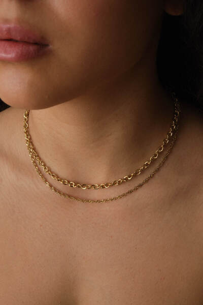 ESBAFLOR Çelik 2'li Kombin Singapur ve Dokulu Sarmal Zincir Kolye Minimal Kar...