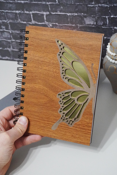 markcat Butterfly Themed Lined Notebook with Wooden Cover - Agenda and School Notebook (A5 - 120 Pages)