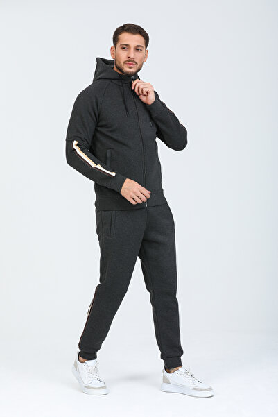 BESSA Men's Smoked Winter Tracksuit Set Hooded Zipper Pocket Straight Leg Fleece Inside 3 Thread Fabric