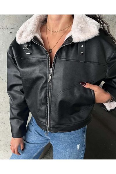 MERİCEY Women's Black Sheepskin Collar Buckle Leather Coat