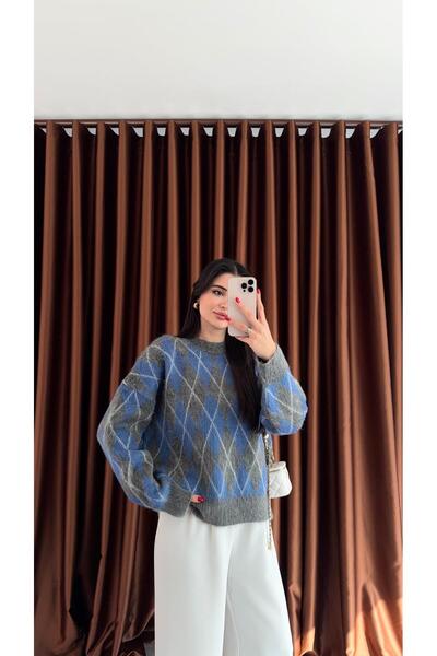 HAZELANNA Pulover albastru cu model baklava și detalii de barbă