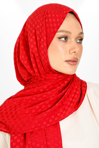 hijabchi Red Imported Jacquard Crepe Evening Dress - Square Detail Special Occasion Shawl - New Collections