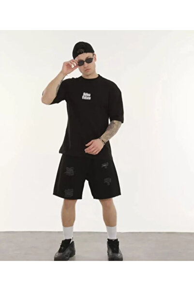 JANES Tricou oversize cu imprimeu unisex cu guler rotund - negru