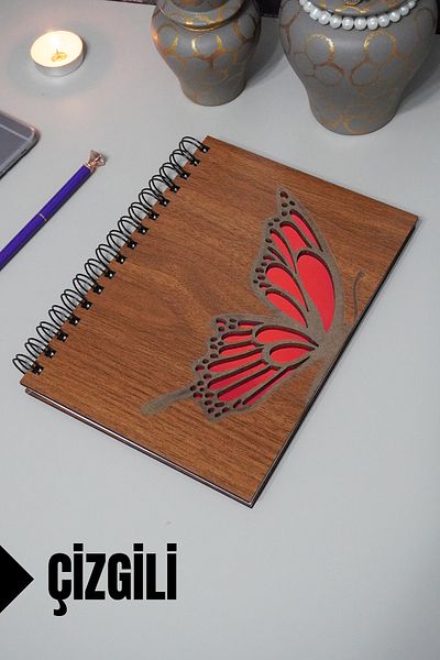 markcat Butterfly Themed Lined Notebook with Wooden Cover - Agenda and School Notebook (A5 - 120 Pages)