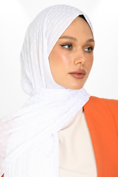 hijabchi Біла імпортна жакардова крепова сукня - з квадратними деталями, шаль для особливих випадків, нові колекції - нові творіння