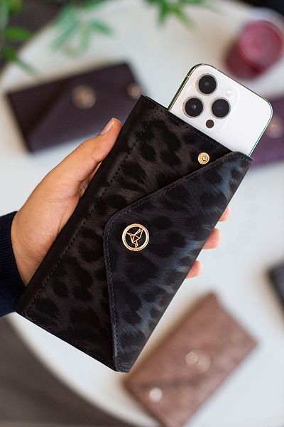 Garbalia Envelope Plic Model Leopard Portofel Negru cu Telefon și Compartiment pentru Monede