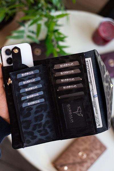 Garbalia Envelope Plic Model Leopard Portofel Negru cu Telefon și Compartiment pentru Monede