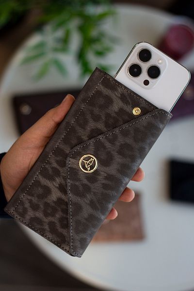 Garbalia Envelope Envelope Model Leopard Anthracite Wallet with Phone and Coin Compartment