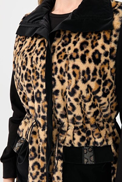 Esswaap Leopar Kürk Yelekli Üçlü Pantolonlu Takım  Siyah