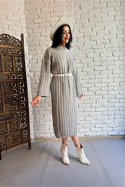 Cloudy Kids Women's Crew Neck Hair Braided Knitwear Midi Dress