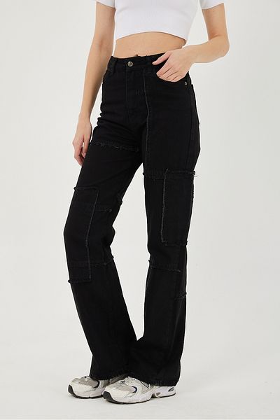 POODLE Pantaloni de damă cu talie înaltă și patch-uri cu picior largi, negri, din denim