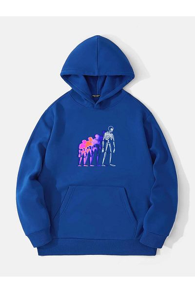 SOFTWAY Unisex Oversize Πολύχρωμο Φούτερ με στάμπα με κουκούλα από φλις - Saks Blue