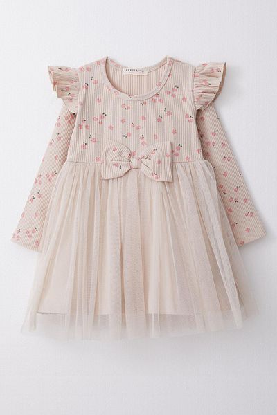 Breeze Beige Colored Girl's Long Sleeve Floral Patterned Tulle Dress 1.5-5 Years