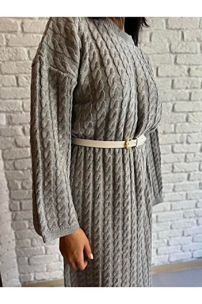 Cloudy Kids Kadın Bisiklet Yaka Saç Örgülü Triko Midi Elbise