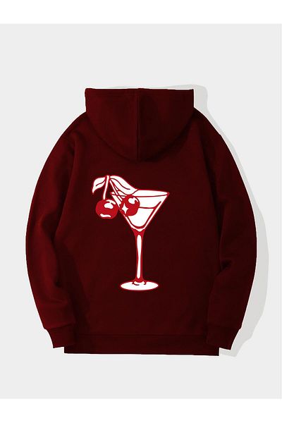 SOFTWAY Unisex Oversize Cherry Cocktail Printed Fleece Hooded Sweatshirt - Claret Red