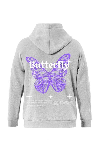 SOFTWAY Unisex Oversize Butterfly Printed Fleece Hooded Sweatshirt - Gray