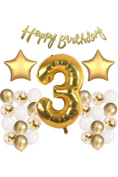 BALON DİYARI Gold Concept All Age Birthday Celebration Set + Balloon Headband Gift