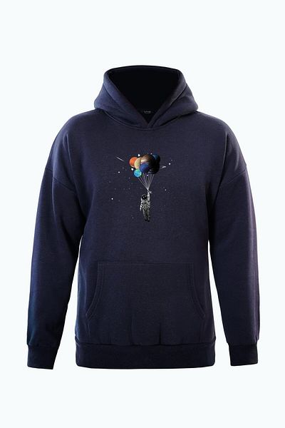 SOFTWAY Unisex Oversize Balloon Astronaut Printed Fleece Hooded Sweatshirt - Navy Blue